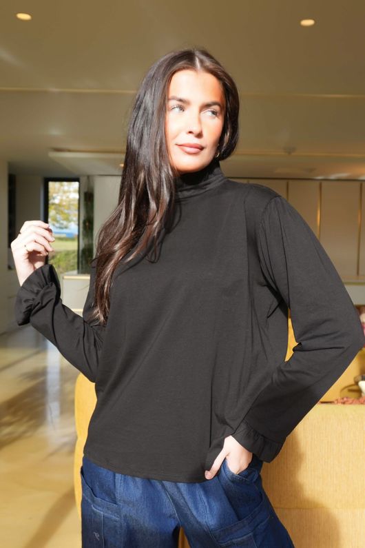 Essential Body Stretch Cotton Ruffle Neck Layering Top Black /40 pre order due approx 5 days